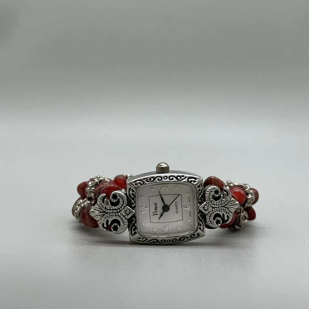 Vivani Womens Watch 18mm Silver Tone Red Beaded Stretch Band New Battery